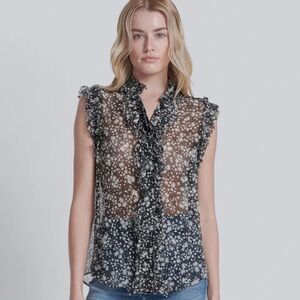 7 For All Mankind Black and White Floral Ruffle Blouse